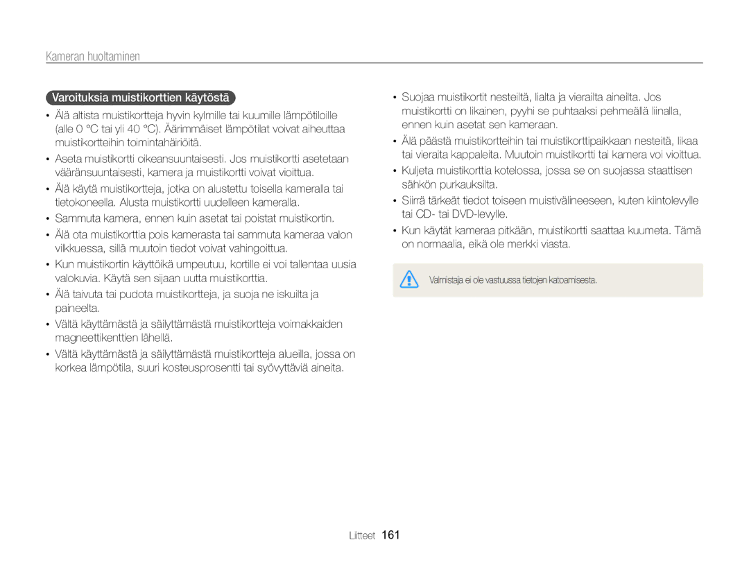 Samsung EC-WB850FBPBE2 manual Varoituksia muistikorttien käytöstä  